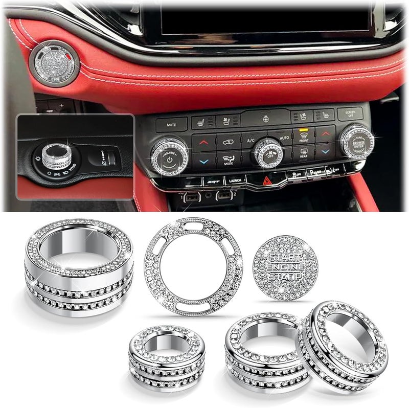 Polodunn for 2021-2026 Dodge Durango Accessories, 6PCS Premium Aluminum Alloy Knob Cover Trim Set (Bling) – Push Start, A/C Climate, Volume & Headlight Switch Covers – Enhanced Grip • Non-Slip - Image 1